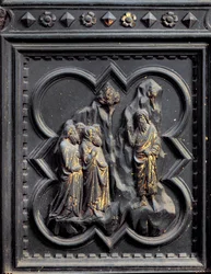 Svatý Jan Křtitel káže farizeům, sedmá deska jižních dveří baptisteria San Giovanni, 1336 (bronz)